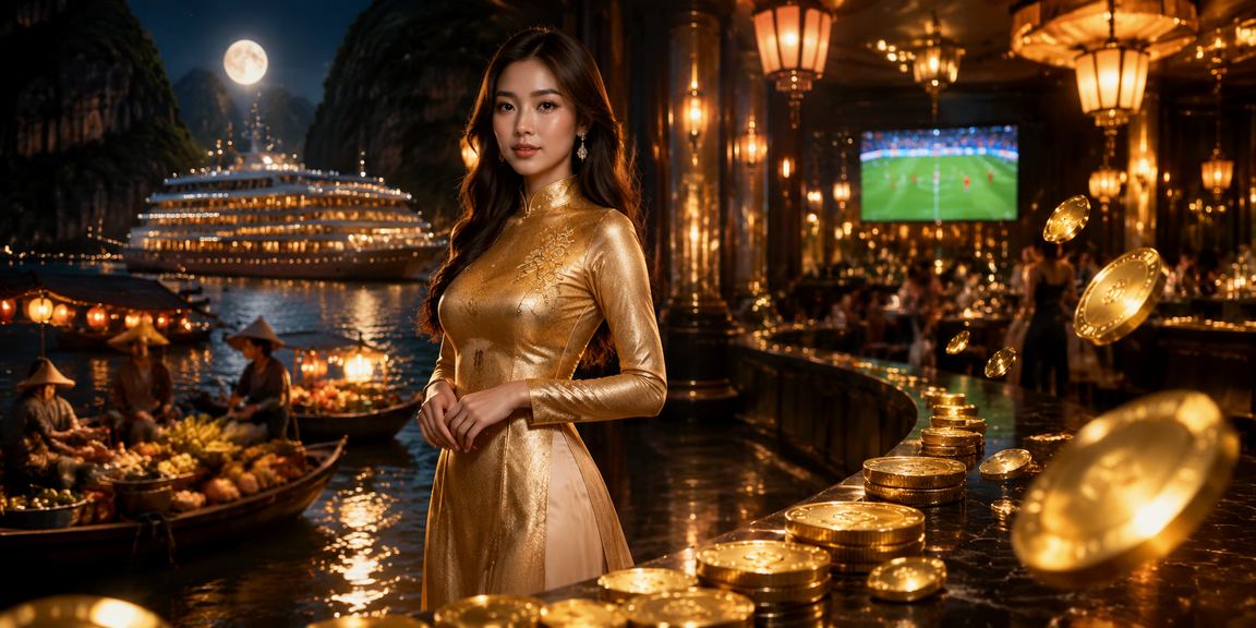 Người dùng Việt Nam mặc áo dài xem kèo thể thao trên thiết bị di động tại Hạ Long