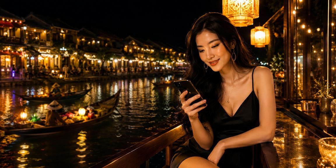 Người chơi trải nghiệm slot game và cà phê tại Hội An trên điện thoại di động