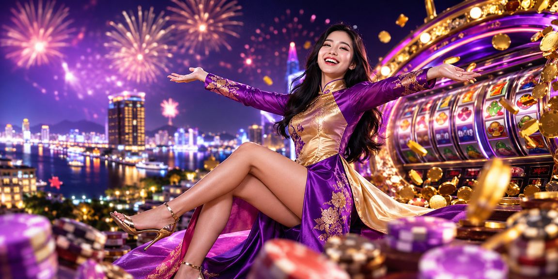 Người dùng tại Nha Trang mặc áo dài chơi slot game và kiểm tra ưu đãi tiền thưởng trên mobile